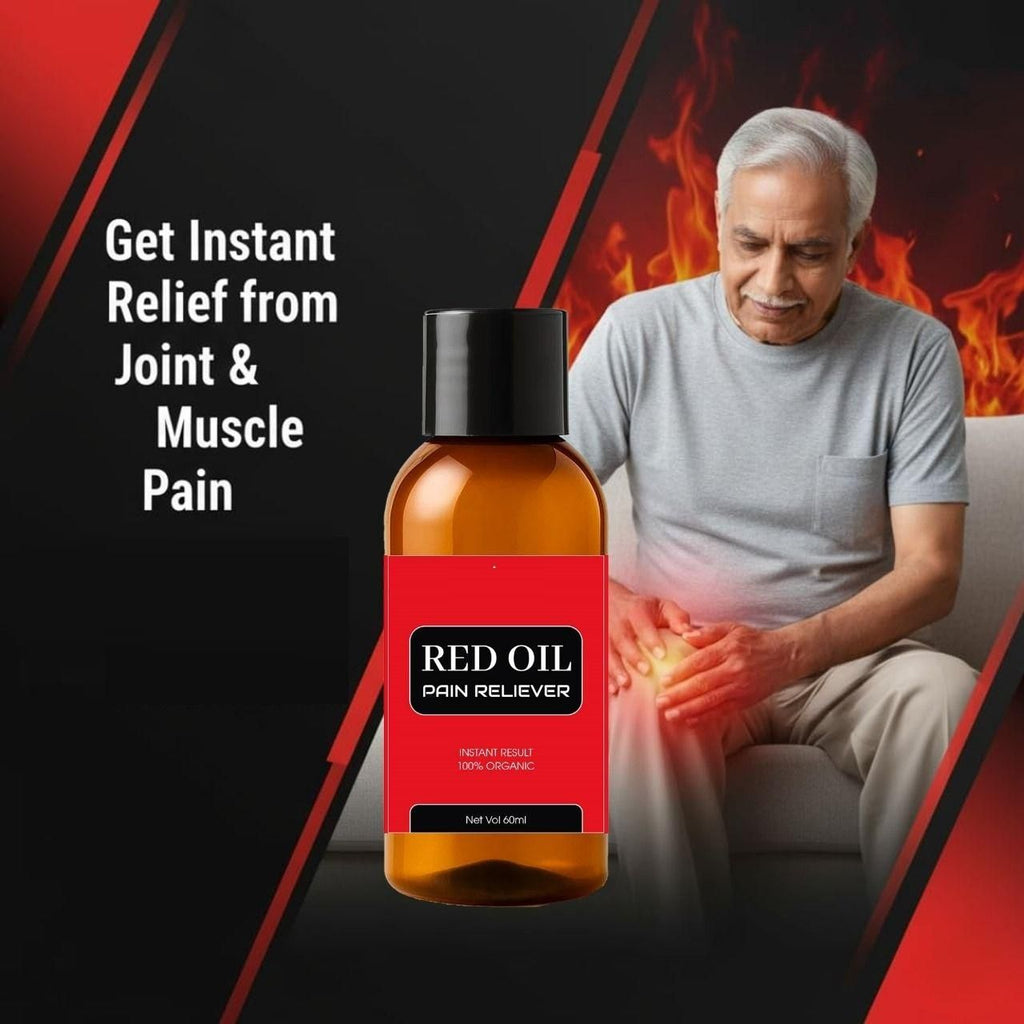 Bottle of Red Oil Pain Reliever with an elderly man holding his knee in pain.
