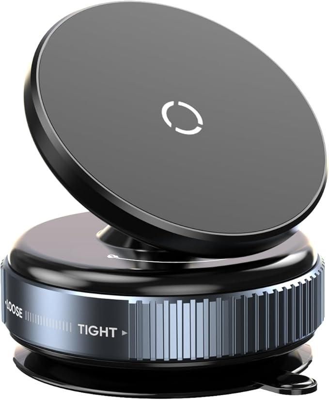 Black metal phone holder on a white background