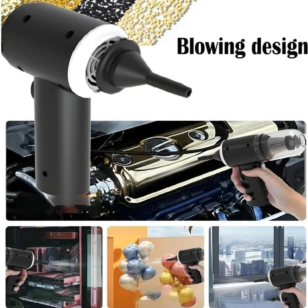 Black and white air blower with various uses including cleaning car engine, blowing balloons, and cleaning windows.