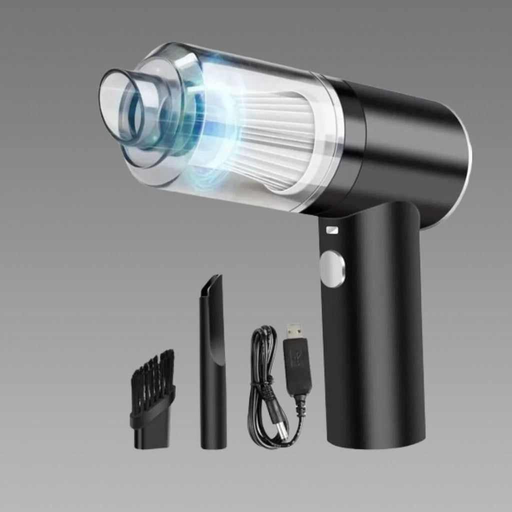 Black handheld vacuum cleaner with attachments on a gray background