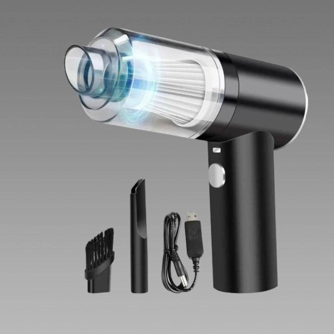 Black handheld vacuum cleaner with attachments on a gray background