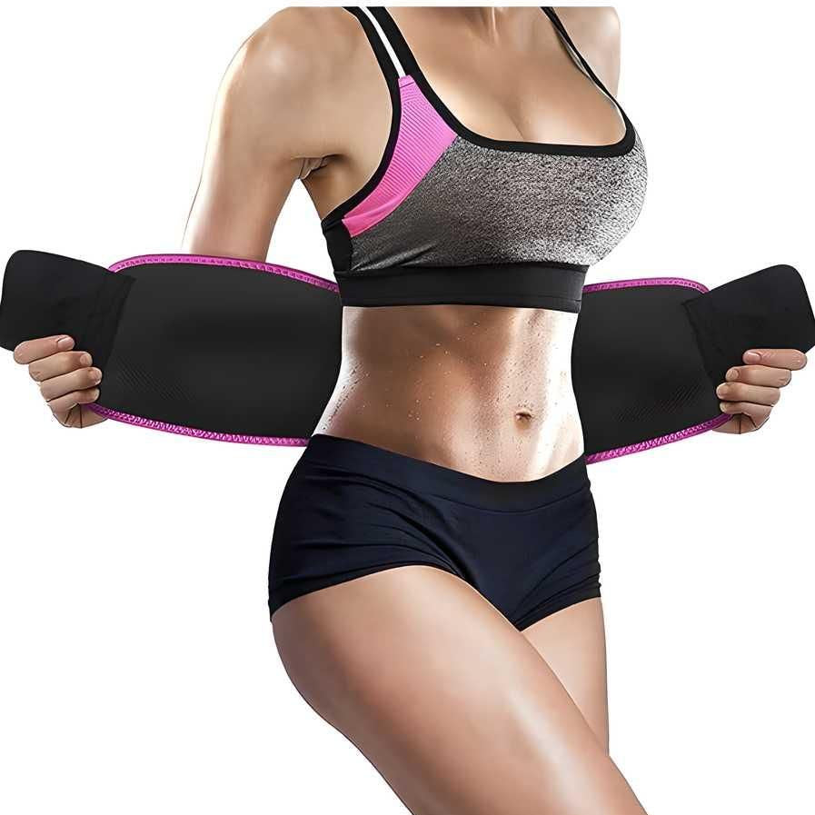 Person wearing a black and pink waist trainer on a white background